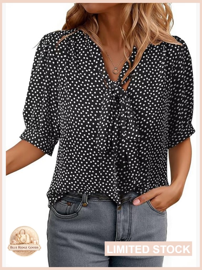 Polka Dot Bow Tie Blouse Elegant Casual Short Sleeve V-Neck Work Top